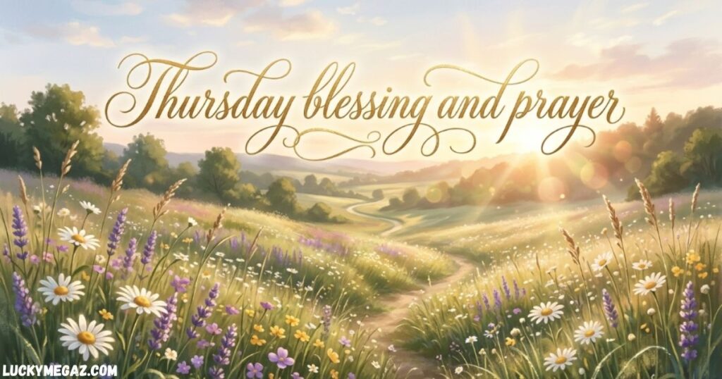 Beautiful Thursday blessing and prayer with a peaceful sunrise meadow inspiring hope, faith, and joy