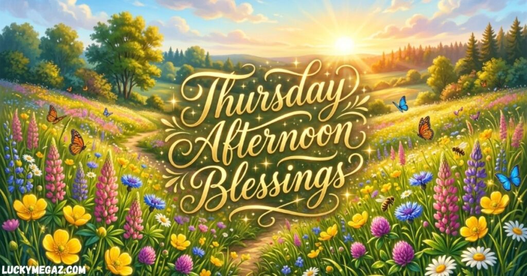 Blessed Thursday Afternoon Blessings image with uplifting quote and peaceful nature background