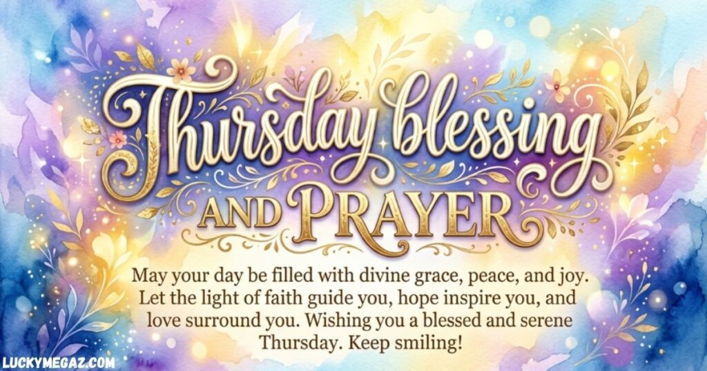 Inspirational Thursday blessing and prayer image with colorful floral design, faith message, and positive Thursday blessings for peace, hope, and joy.