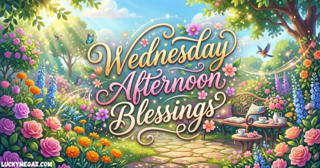 Sweet Wednesday Afternoon Blessings with peaceful flowers and inspiring afternoon message