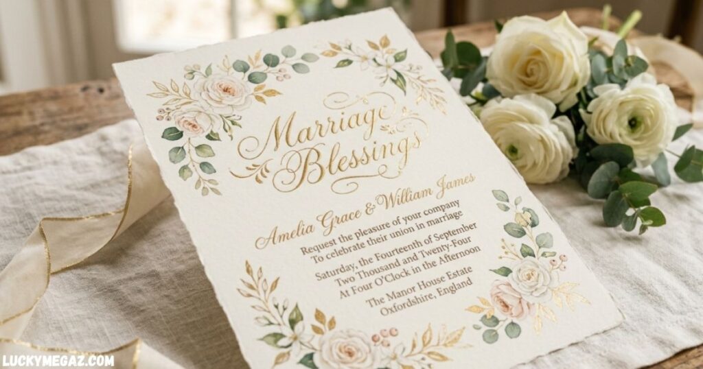 Marriage blessings and prayers for newlyweds with elegant wedding blessing card and white roses